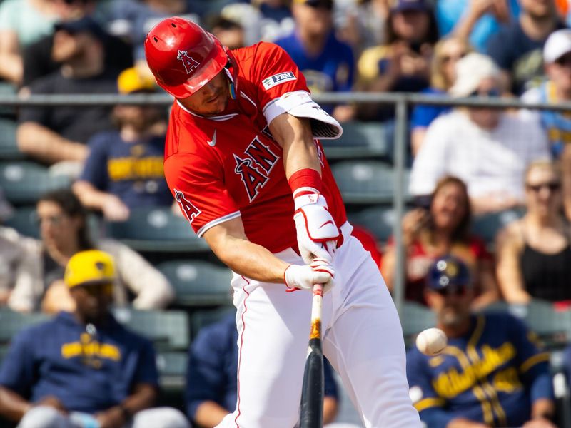 Feb 27, 2024; Tempe, Arizona, USA; Los Angeles Angels outfielder Mike Trout against the Milwaukee Brewers during a spring training game at Tempe Diablo Stadium. Mandatory Credit: Mark J. Rebilas-USA TODAY Sports