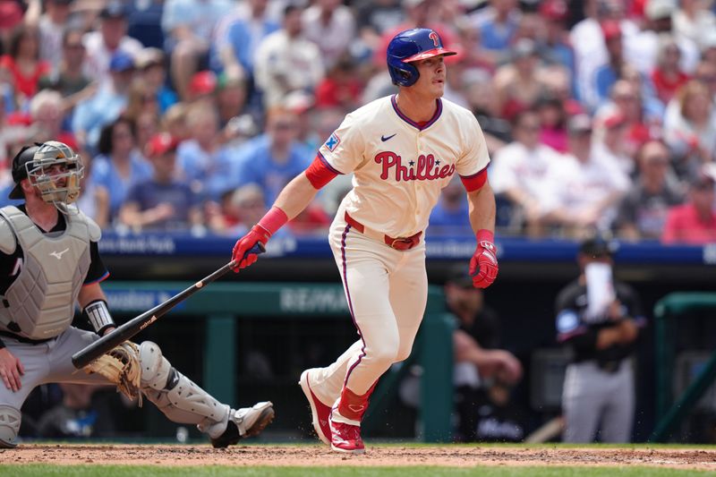 Apr 19, 2025; Philadelphia, Pennsylvania, USA; Philadelphia Phillies outfielder Max Kepler (17) hits an RBI double against the Miami Marlins in the third inning at Citizens Bank Park. Mandatory Credit: Kyle Ross-Imagn Images
