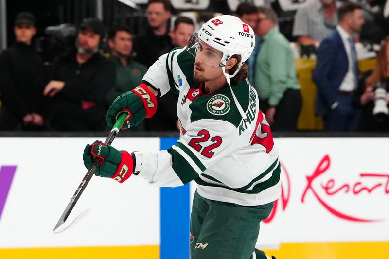 Apr 12, 2024; Las Vegas, Nevada, USA; Minnesota Wild center Marat Khusnutdinov (22) warms up before the start of a game against the Vegas Golden Knights at T-Mobile Arena. Mandatory Credit: Stephen R. Sylvanie-USA TODAY Sports