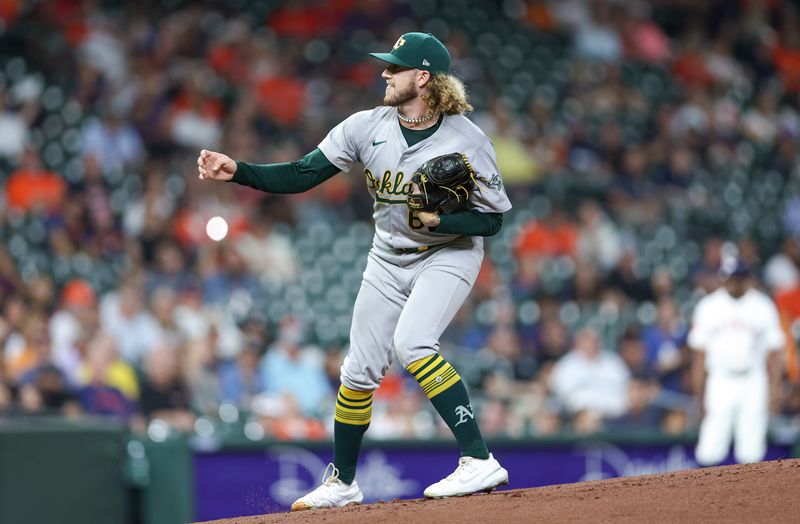 Sep 11, 2024; Houston, Texas, USA; Oakland Athletics starting pitcher Joey Estes (68) delivers a pitch during the first inning against the Houston Astros at Minute Maid Park. Mandatory Credit: Troy Taormina-Imagn Images