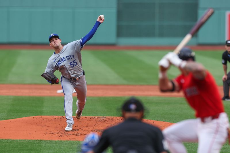 Jul 12, 2024; Boston, Massachusetts, USA; Kansas City Royals starting pitcher Cole Ragans (55) throws a pitch during the first inning against the Boston Red Sox at Fenway Park. Mandatory Credit: Paul Rutherford-USA TODAY Sports