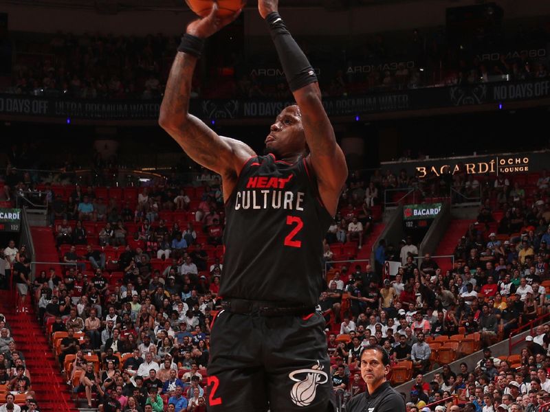 MIAMI, FL - APRIL 4: Terry Rozier #2 of the Miami Heat three point basket during the game against the Philadelphia 76ers on April 4, 2024 at Kaseya Center in Miami, Florida. NOTE TO USER: User expressly acknowledges and agrees that, by downloading and or using this Photograph, user is consenting to the terms and conditions of the Getty Images License Agreement. Mandatory Copyright Notice: Copyright 2024 NBAE (Photo by Issac Baldizon/NBAE via Getty Images)