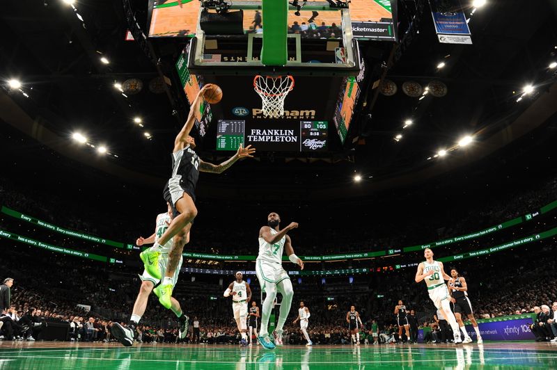 BOSTON, MA - JANUARY 17: Jeremy Sochan #10 of the San Antonio Spurs drives to the basket during the game against the Boston Celtics on January 17, 2024 at the TD Garden in Boston, Massachusetts. NOTE TO USER: User expressly acknowledges and agrees that, by downloading and or using this photograph, User is consenting to the terms and conditions of the Getty Images License Agreement. Mandatory Copyright Notice: Copyright 2024 NBAE  (Photo by Brian Babineau/NBAE via Getty Images)