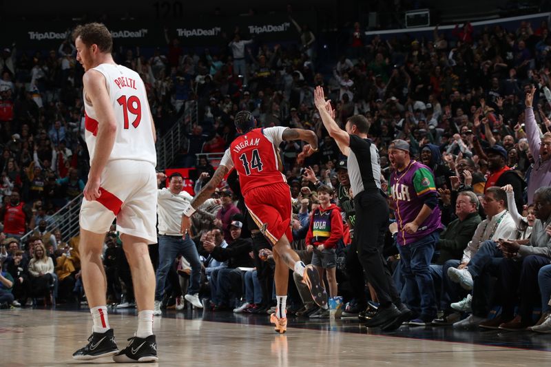 NEW ORLEANS, LA - FEBRUARY 5: Brandon Ingram #14 of the New Orleans Pelicans celebrates a three point basket during the game against the Toronto Raptors on February 5, 2024 at the Smoothie King Center in New Orleans, Louisiana. NOTE TO USER: User expressly acknowledges and agrees that, by downloading and or using this Photograph, user is consenting to the terms and conditions of the Getty Images License Agreement. Mandatory Copyright Notice: Copyright 2024 NBAE (Photo by Layne Murdoch Jr./NBAE via Getty Images)