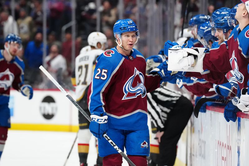 Jan 10, 2024; Denver, Colorado, USA; Colorado Avalanche right wing Logan O'Connor (25) celebrates his goal scored in the third period against the Vegas Golden Knights at Ball Arena. Mandatory Credit: Ron Chenoy-USA TODAY Sports