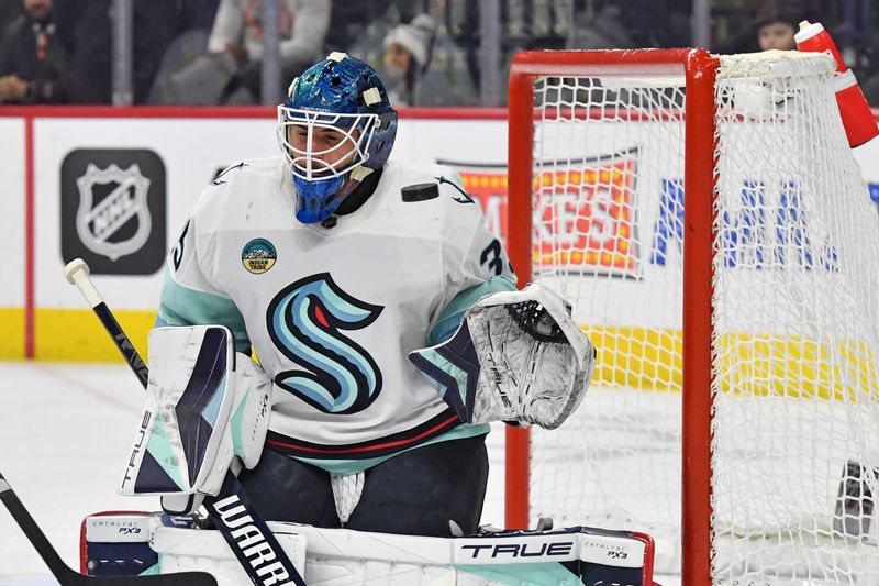 Feb 10, 2024; Philadelphia, Pennsylvania, USA; Seattle Kraken goaltender Joey Daccord (35) allows goal by Philadelphia Flyers center Scott Laughton (21) (not pictured) during the first period at Wells Fargo Center. Mandatory Credit: Eric Hartline-USA TODAY Sports