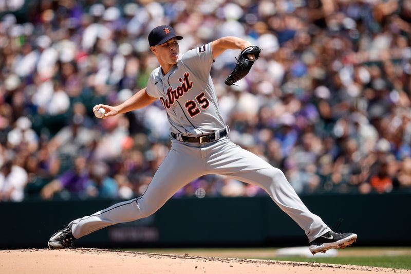 Jul 2, 2023; Denver, Colorado, USA; Detroit Tigers starting pitcher Matt Manning (25) pitches in the first inning against the Colorado Rockies at Coors Field. Mandatory Credit: Isaiah J. Downing-USA TODAY Sports