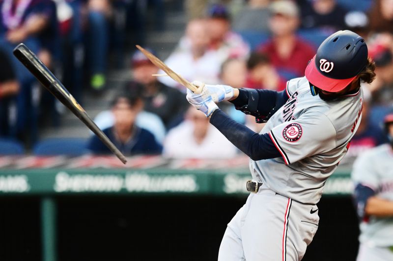 May 31, 2024; Cleveland, Ohio, USA; Washington Nationals designated hitter Jesse Winker (6) breaks his bat on a fly out during the fourth inning against the Cleveland Guardians at Progressive Field. Mandatory Credit: Ken Blaze-USA TODAY Sports