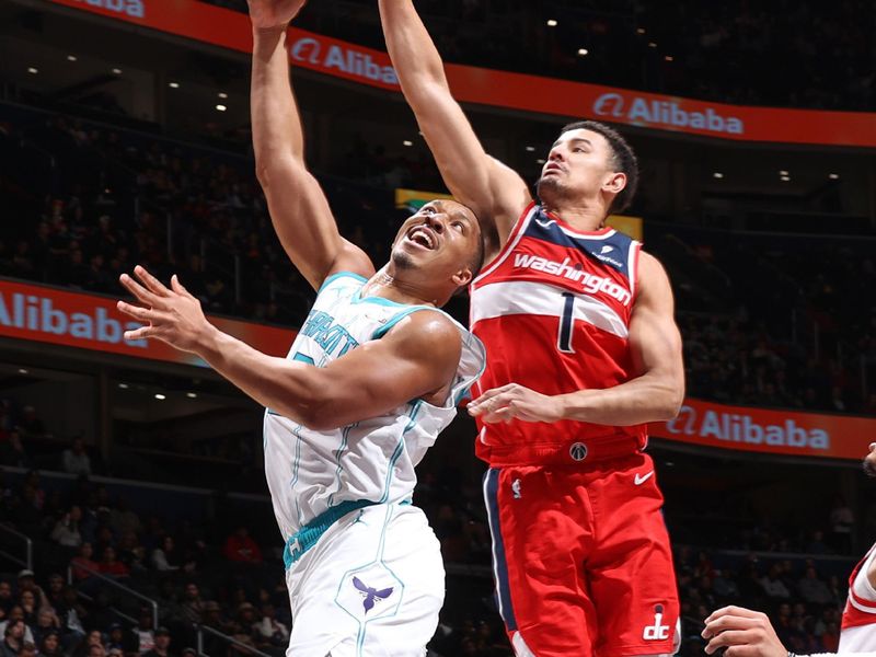 WASHINGTON, DC -? MARCH 8:  Grant Williams #2 of the Charlotte Hornets goes to the basket during the game on March 8, 2024 at Capital One Arena in Washington, DC. NOTE TO USER: User expressly acknowledges and agrees that, by downloading and or using this Photograph, user is consenting to the terms and conditions of the Getty Images License Agreement. Mandatory Copyright Notice: Copyright 2024 NBAE (Photo by Stephen Gosling/NBAE via Getty Images)