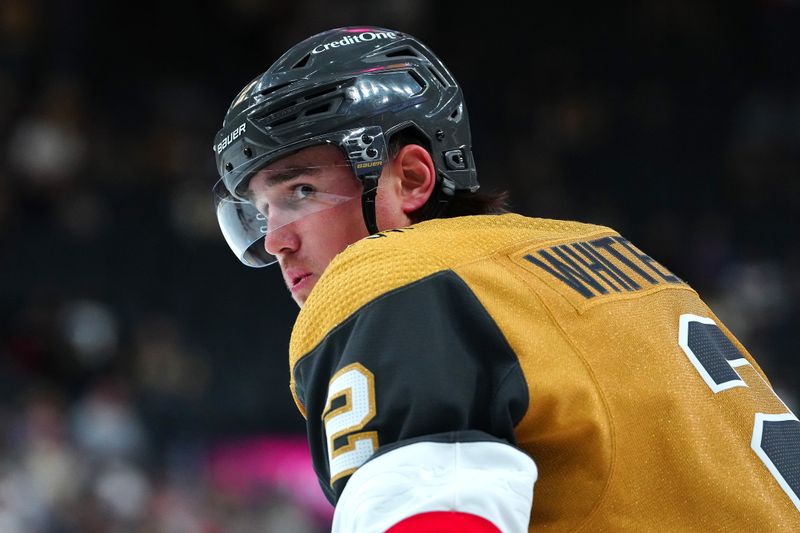 Mar 7, 2024; Las Vegas, Nevada, USA; Vegas Golden Knights defenseman Zach Whitecloud (2) warms up before a game against the Vancouver Canucks at T-Mobile Arena. Mandatory Credit: Stephen R. Sylvanie-USA TODAY Sports