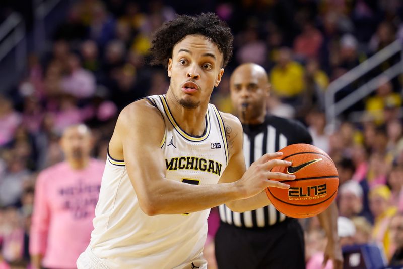 Feb 3, 2024; Ann Arbor, Michigan, USA;  Michigan Wolverines forward Terrance Williams II (5) dribbles in the first half against the Rutgers Scarlet Knights at Crisler Center. Mandatory Credit: Rick Osentoski-USA TODAY Sports