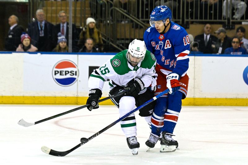 Dec 2, 2025; New York, New York, USA;  New York Rangers left wing Artemi Panarin (10) defends against Dallas Stars center Colin Blackwell (15) during the second period at Madison Square Garden. Mandatory Credit: Dennis Schneidler-Imagn Images