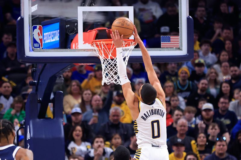 INDIANAPOLIS, INDIANA - FEBRUARY 25: Tyrese Haliburton #0 of the Indiana Pacers dunks the ball during the first half in the game against the Dallas Mavericks at Gainbridge Fieldhouse on February 25, 2024 in Indianapolis, Indiana. NOTE TO USER: User expressly acknowledges and agrees that, by downloading and or using this photograph, User is consenting to the terms and conditions of the Getty Images License Agreement. (Photo by Justin Casterline/Getty Images)