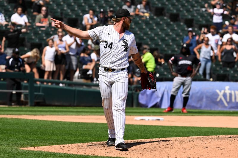 Jul 10, 2024; Chicago, Illinois, USA;  Chicago White Sox pitcher Michael Kopech (34) reacts after a game against the Minnesota Twins at Guaranteed Rate Field. Mandatory Credit: Matt Marton-USA TODAY Sports