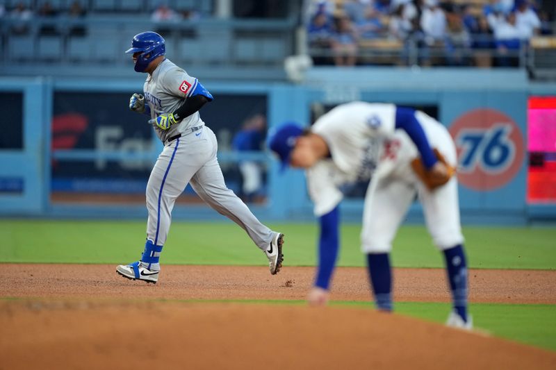 Jun 14, 2024; Los Angeles, California, USA; Kansas City Royals catcher Salvador Perez (13) rounds the bases after hitting a three-run home run against Los Angeles Dodgers starting pitcher Gavin Stone (35) in the second inning at Dodger Stadium. Mandatory Credit: Kirby Lee-USA TODAY Sports