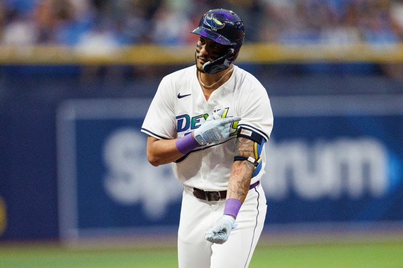 Jun 28, 2024; St. Petersburg, Florida, USA;  Tampa Bay Rays outfielder Jose Siri (22) runs the bases after hitting a home run against the Washington Nationals in the second inning at Tropicana Field. Mandatory Credit: Nathan Ray Seebeck-USA TODAY Sports