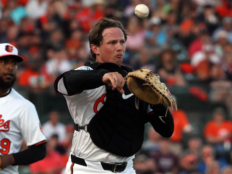 Mar 14, 2025; Sarasota, Florida, USA;  Baltimore Orioles catcher Adley Rutschman (35) throws the ball to first base for an out during the fourth inning against the Minnesota Twins at Ed Smith Stadium. Mandatory Credit: Kim Klement Neitzel-Imagn Images