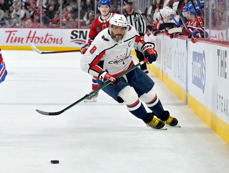 Feb 17, 2024; Montreal, Quebec, CAN; Washington Capitals forward Alex Ovechkin (8) chses the puck during the third period of the game against the Montreal Canadiens at the Bell Centre. Mandatory Credit: Eric Bolte-USA TODAY Sports