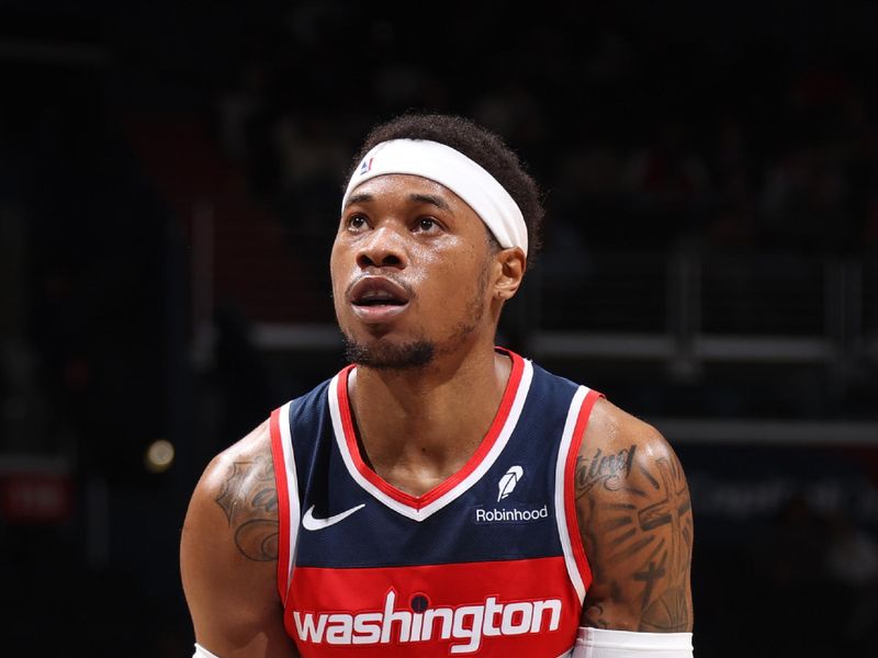 WASHINGTON, DC -? MARCH 6:  Richaun Holmes #22 of the Washington Wizards shoots a free throw during the game on March 6, 2024 at Capital One Arena in Washington, DC. NOTE TO USER: User expressly acknowledges and agrees that, by downloading and or using this Photograph, user is consenting to the terms and conditions of the Getty Images License Agreement. Mandatory Copyright Notice: Copyright 2024 NBAE (Photo by Stephen Gosling/NBAE via Getty Images)