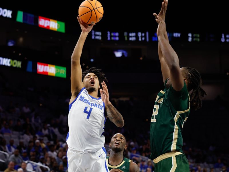 Mar 16, 2025; Fort Worth, TX, USA;  Memphis Tigers guard PJ Haggerty (4) shoots as UAB Blazers forward Bradley Ezewiro (22) defends during the first half at Dickies Arena. Mandatory Credit: Chris Jones-Imagn Images