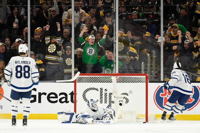 May 4, 2024; Boston, Massachusetts, USA; Toronto Maple Leafs goaltender Ilya Samsonov (35) lays on the ice after Boston Bruins right wing David Pastrnak (88) (not pictured) scores the game winning overtime goal in game seven of the first round of the 2024 Stanley Cup Playoffs at TD Garden. Mandatory Credit: Bob DeChiara-USA TODAY Sports