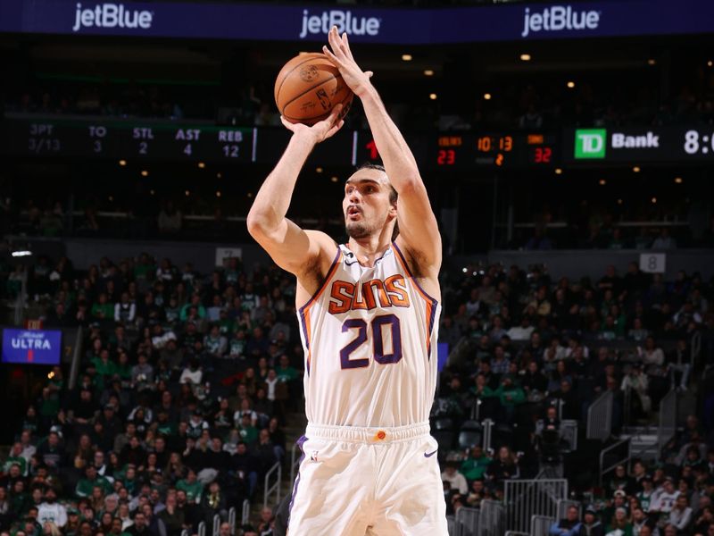 BOSTON, MA - FEBRUARY 3: Dario Saric #20 of the Phoenix Suns shoots a three point basket during the game against the Boston Celtics on February 3, 2023 at TD Garden in Boston, Massachusetts.  NOTE TO USER: User expressly acknowledges and agrees that, by downloading and or using this photograph, User is consenting to the terms and conditions of the Getty Images License Agreement. Mandatory Copyright Notice: Copyright 2022 NBAE  (Photo by Nathaniel S. Butler/NBAE via Getty Images)