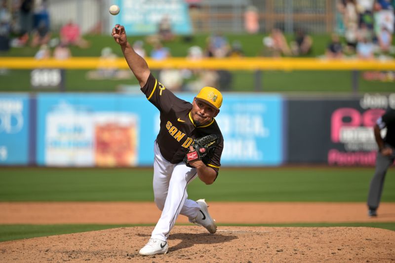 Feb 23, 2026; Peoria, Arizona, USA;  San Diego Padres pitcher Jeremiah Estrada (56) delivers to the plate in the fifth against the Milwaukee Brewers at Peoria Sports Complex. Mandatory Credit: Jayne Kamin-Oncea-Imagn Images