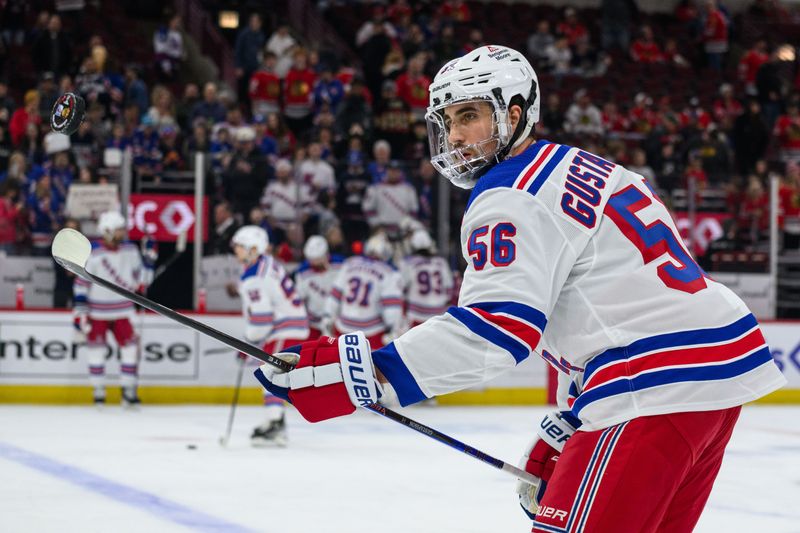 Feb 9, 2024; Chicago, Illinois, USA; New York Rangers defenseman Erik Gustafsson (56) warms up against the Chicago Blackhawks before the game at the United Center. Mandatory Credit: Daniel Bartel-USA TODAY Sports