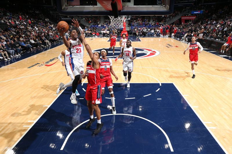 WASHINGTON, DC -? NOVEMBER 17: Jaden Ivey #23 of the Detroit Pistons drives to the basket during the game against the Washington Wizards on November 17, 2024 at Capital One Arena in Washington, DC. NOTE TO USER: User expressly acknowledges and agrees that, by downloading and or using this Photograph, user is consenting to the terms and conditions of the Getty Images License Agreement. Mandatory Copyright Notice: Copyright 2024 NBAE (Photo by Stephen Gosling/NBAE via Getty Images)