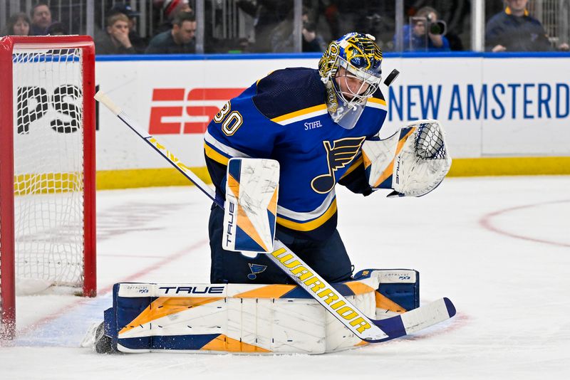 Feb 19, 2024; St. Louis, Missouri, USA;  St. Louis Blues goaltender Joel Hofer (30) defends the net against the Toronto Maple Leafs during the first period at Enterprise Center. Mandatory Credit: Jeff Curry-USA TODAY Sports