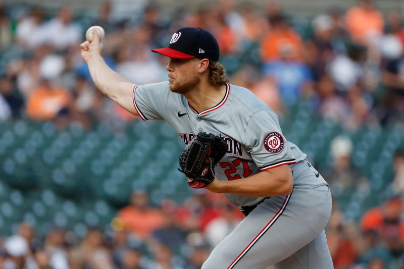 Jun 12, 2024; Detroit, Michigan, USA;  Washington Nationals starting pitcher Jake Irvin (27) pitches in the first inning against the Detroit Tigers at Comerica Park. Mandatory Credit: Rick Osentoski-USA TODAY Sports