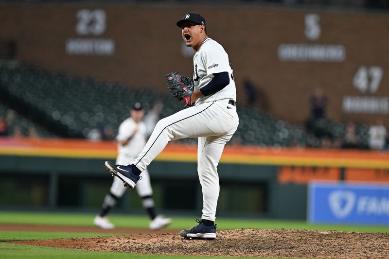 Sep 10, 2024; Detroit, Michigan, USA; Detroit Tigers starting pitcher Keider Montero (54) reacts after getting the final out in the ninth inning against the Colorado Rockies for a complete-game three-hit shutout at Comerica Park. Mandatory Credit: Lon Horwedel-Imagn Images