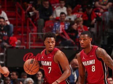 MIAMI, FL - DECEMBER 25:  Kyle Lowry #7 of the Miami Heat handles the ball during the game  on December 25, 2023 at Kaseya Center Arena in Miami, Florida. NOTE TO USER: User expressly acknowledges and agrees that, by downloading and or using this Photograph, user is consenting to the terms and conditions of the Getty Images License Agreement. Mandatory Copyright Notice: Copyright 2023 NBAE (Photo by Issac Baldizon/NBAE via Getty Images)