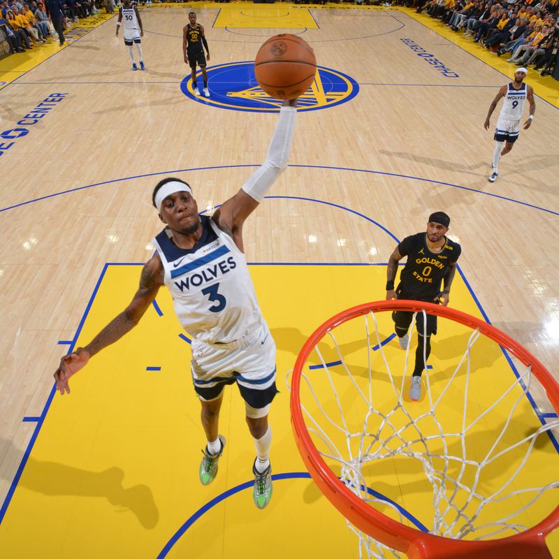 SAN FRANCISCO, CA - MAY 12:  Jaden McDaniels #3 of the Minnesota Timberwolves dunks the ball during the game against the Golden State Warriors  during Round 2 Game 4 of the 2025 NBA Playoffs on May 12, 2025 at Chase Center in San Francisco, California. NOTE TO USER: User expressly acknowledges and agrees that, by downloading and or using this photograph, user is consenting to the terms and conditions of Getty Images License Agreement. Mandatory Copyright Notice: Copyright 2025 NBAE (Photo by Jesse D. Garrabrant/NBAE via Getty Images)