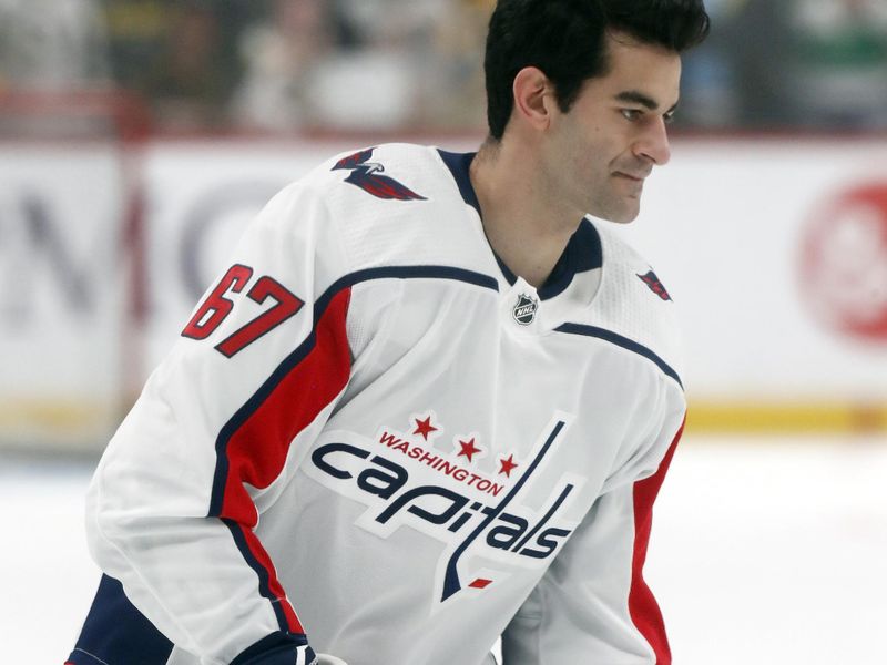 Mar 7, 2024; Pittsburgh, Pennsylvania, USA;  Washington Capitals left wing Max Pacioretty (67) warms up before the game against the Pittsburgh Penguins at PPG Paints Arena. Mandatory Credit: Charles LeClaire-USA TODAY Sports