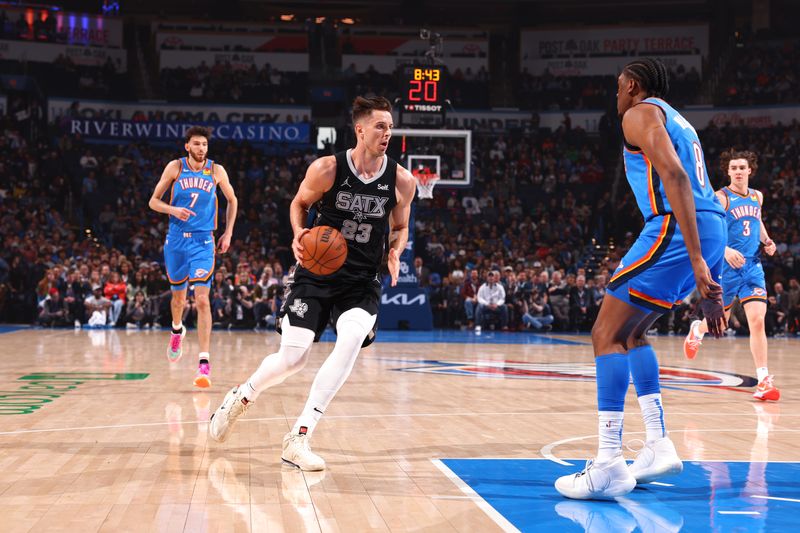 OKLAHOMA CITY, OK - APRIL 10:  Zach Collins #23 of the San Antonio Spurs handles the ball during the game against the Oklahoma City Thunder on April 10, 2024 at Paycom Arena in Oklahoma City, Oklahoma. NOTE TO USER: User expressly acknowledges and agrees that, by downloading and or using this photograph, User is consenting to the terms and conditions of the Getty Images License Agreement. Mandatory Copyright Notice: Copyright 2024 NBAE (Photo by Zach Beeker/NBAE via Getty Images)