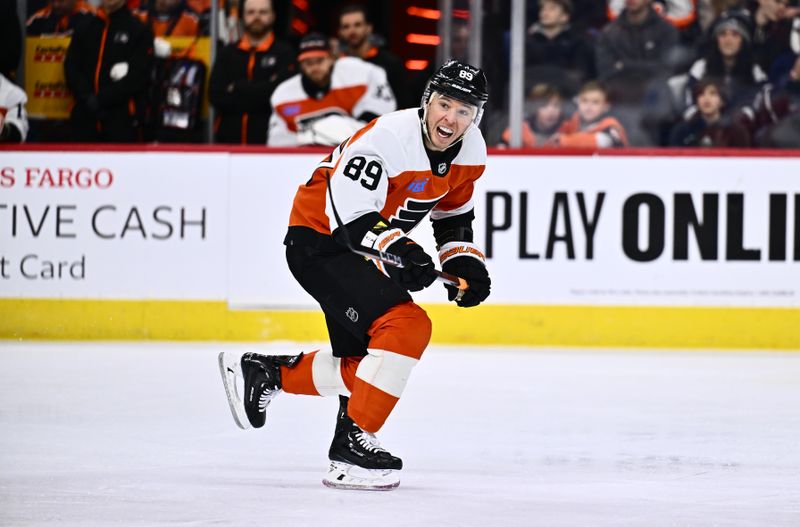 Jan 20, 2024; Philadelphia, Pennsylvania, USA; Philadelphia Flyers right wing Cam Atkinson (89) reacts against the Colorado Avalanche in the second period at Wells Fargo Center. Mandatory Credit: Kyle Ross-USA TODAY Sports