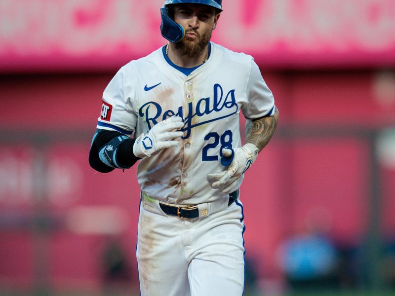 May 18, 2024; Kansas City, Missouri, USA; Kansas City Royals outfielder Kyle Isbel (28) rounds the bases after hitting a home run during the seventh inning against the Oakland Athletics at Kauffman Stadium. Mandatory Credit: William Purnell-USA TODAY Sports