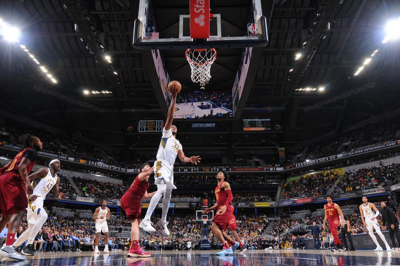 INDIANAPOLIS, IN - MARCH 18:  Myles Turner #33 of the Indiana Pacers goes to the basket during the game on March 18, 2024 at Gainbridge Fieldhouse in Indianapolis, Indiana. NOTE TO USER: User expressly acknowledges and agrees that, by downloading and or using this Photograph, user is consenting to the terms and conditions of the Getty Images License Agreement. Mandatory Copyright Notice: Copyright 2024 NBAE (Photo by Ron Hoskins/NBAE via Getty Images)