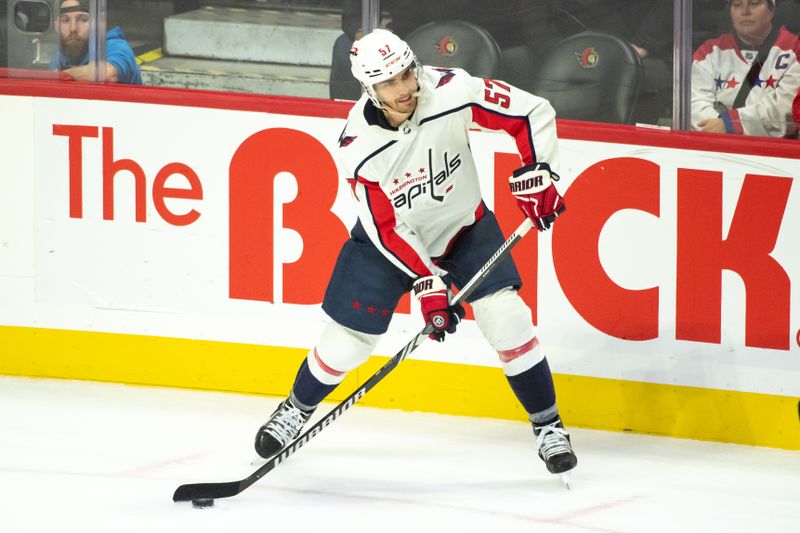 Oct 18, 2023; Ottawa, Ontario, CAN; Washington Capitals defenseman Trevor van Riemsdyk (57) controls the puck in the third period against the Ottawa Senators at the Canadian Tire Centre. Mandatory Credit: Marc DesRosiers-USA TODAY Sports