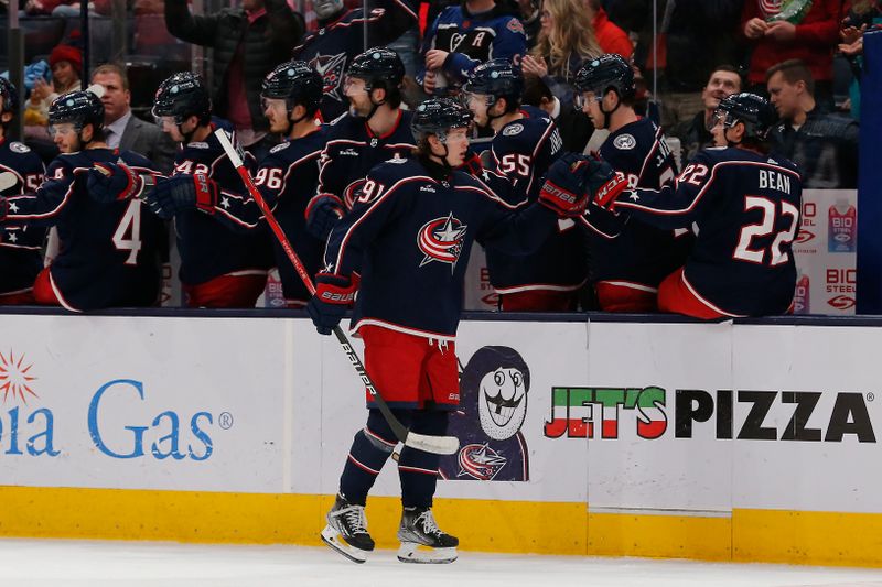 Jan 2, 2024; Columbus, Ohio, USA; Columbus Blue Jackets left wing Kent Johnson (91) celebrates his goal against the Boston Bruins during the second period at Nationwide Arena. Mandatory Credit: Russell LaBounty-USA TODAY Sports