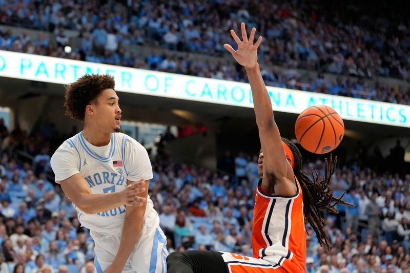 Jan 13, 2024; Chapel Hill, North Carolina, USA;  North Carolina Tar Heels guard Seth Trimble (7) passes the ball as Syracuse Orange forward Maliq Brown (1) defends in the second half at Dean E. Smith Center. Mandatory Credit: Bob Donnan-USA TODAY Sports