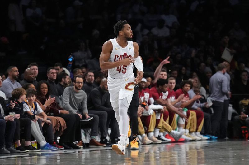 BROOKLYN, NY - FEBRUARY 8: Donovan Mitchell #45 of the Cleveland Cavaliers celebrates during the game against the Brooklyn Nets on February 8, 2024 at Barclays Center in Brooklyn, New York. NOTE TO USER: User expressly acknowledges and agrees that, by downloading and or using this Photograph, user is consenting to the terms and conditions of the Getty Images License Agreement. Mandatory Copyright Notice: Copyright 2024 NBAE (Photo by Jesse D. Garrabrant/NBAE via Getty Images)