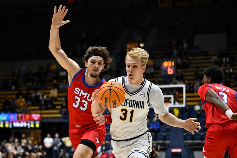 Feb 26, 2025; Berkeley, California, USA; California Golden Bears forward Rytis Petraitis (31) dribbles against SMU Mustangs forward Matt Cross (33) in the first half at Haas Pavilion. Mandatory Credit: Eakin Howard-Imagn Images