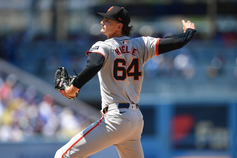 Jul 25, 2024; Los Angeles, California, USA; San Francisco Giants pitcher Sean Hjelle (64) throws against the Los Angeles Dodgers during the sixth inning at Dodger Stadium. Mandatory Credit: Gary A. Vasquez-USA TODAY Sports