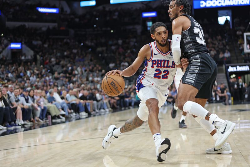 SAN ANTONIO, TX - APRIL 7: Cameron Payne #22 of the Philadelphia 76ers dribbles the ball during the game against the San Antonio Spurs on April 7, 2024 at the Frost Bank Center in San Antonio, Texas. NOTE TO USER: User expressly acknowledges and agrees that, by downloading and or using this photograph, user is consenting to the terms and conditions of the Getty Images License Agreement. Mandatory Copyright Notice: Copyright 2024 NBAE (Photos by Tim Heitman/NBAE via Getty Images)