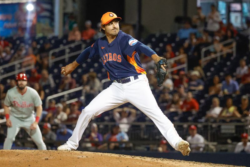 Mar 15, 2024; West Palm Beach, Florida, USA; Houston Astros pitcher Connor Greene throws a pitch during the ninth inning against the Philadelphia Phillies at The Ballpark of the Palm Beaches. Mandatory Credit: Reinhold Matay-USA TODAY Sports