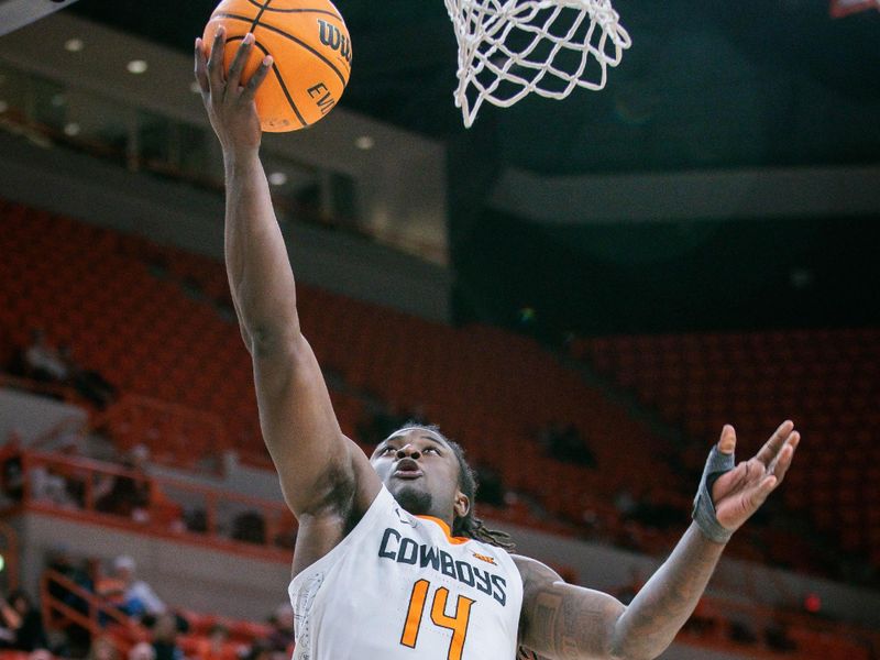 Dec 20, 2023; Stillwater, Oklahoma, USA; Oklahoma State Cowboys guard Jamyron Keller (14) puts up a shot during the first half against the Wofford Terriers at Gallagher-Iba Arena. Mandatory Credit: William Purnell-USA TODAY Sports