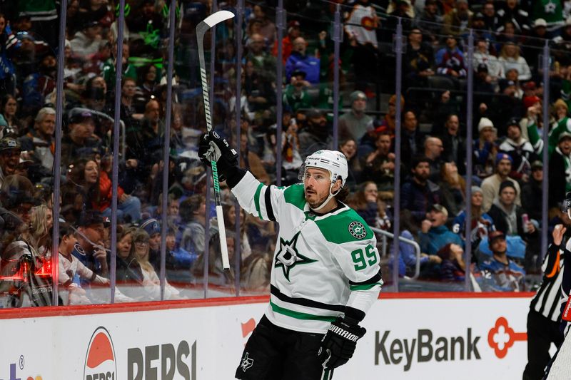 Jan 18, 2025; Denver, Colorado, USA; Dallas Stars center Matt Duchene (95) celebrates after his goal in the first period against the Colorado Avalanche at Ball Arena. Mandatory Credit: Isaiah J. Downing-Imagn Images