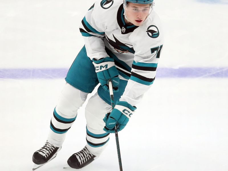 Nov 16, 2024; Pittsburgh, Pennsylvania, USA;  San Jose Sharks center Macklin Celebrini (71) warms up against the Pittsburgh Penguins at PPG Paints Arena. Mandatory Credit: Charles LeClaire-Imagn Images